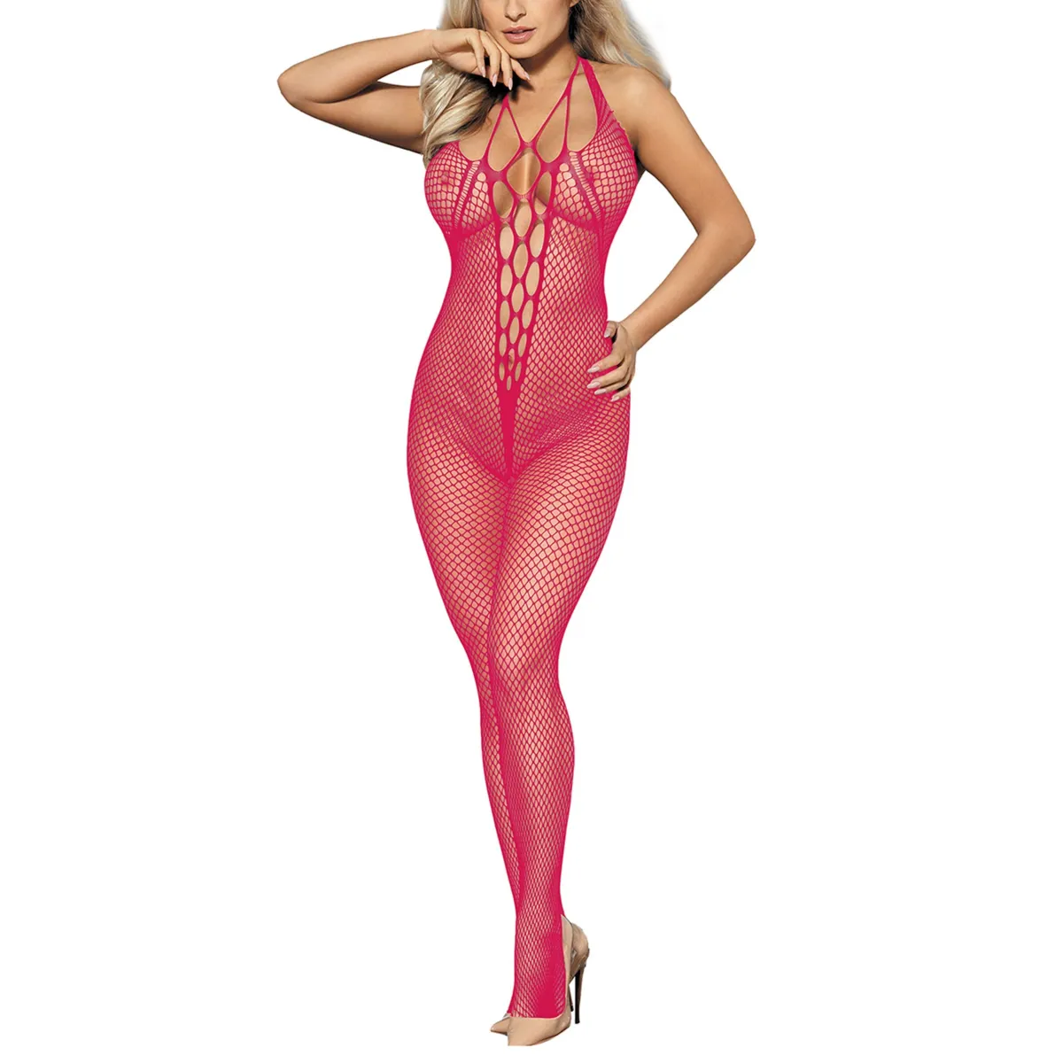 Bodystocking malha fúcsia peito de trabalho aberto