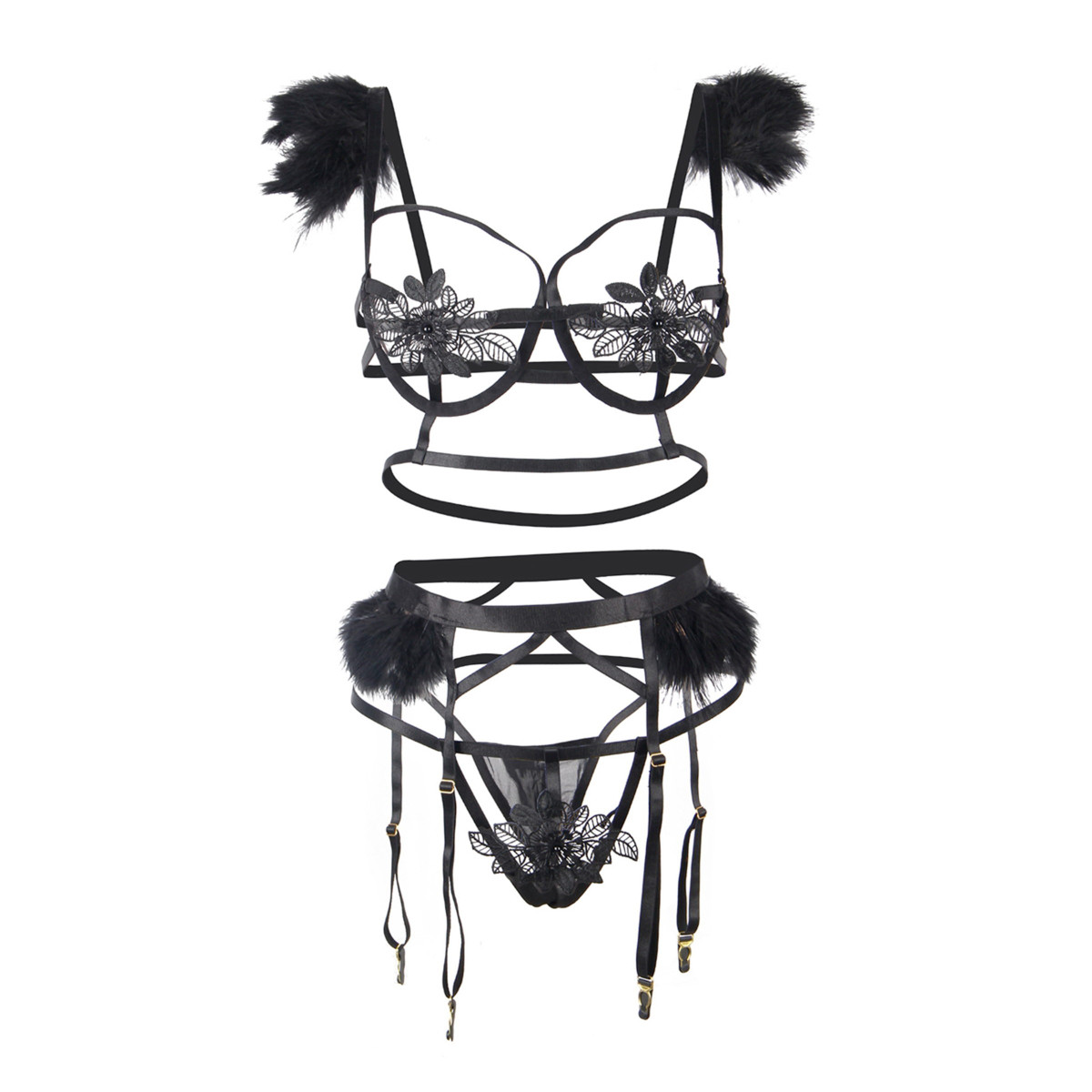 Black lingerie set with down feathers