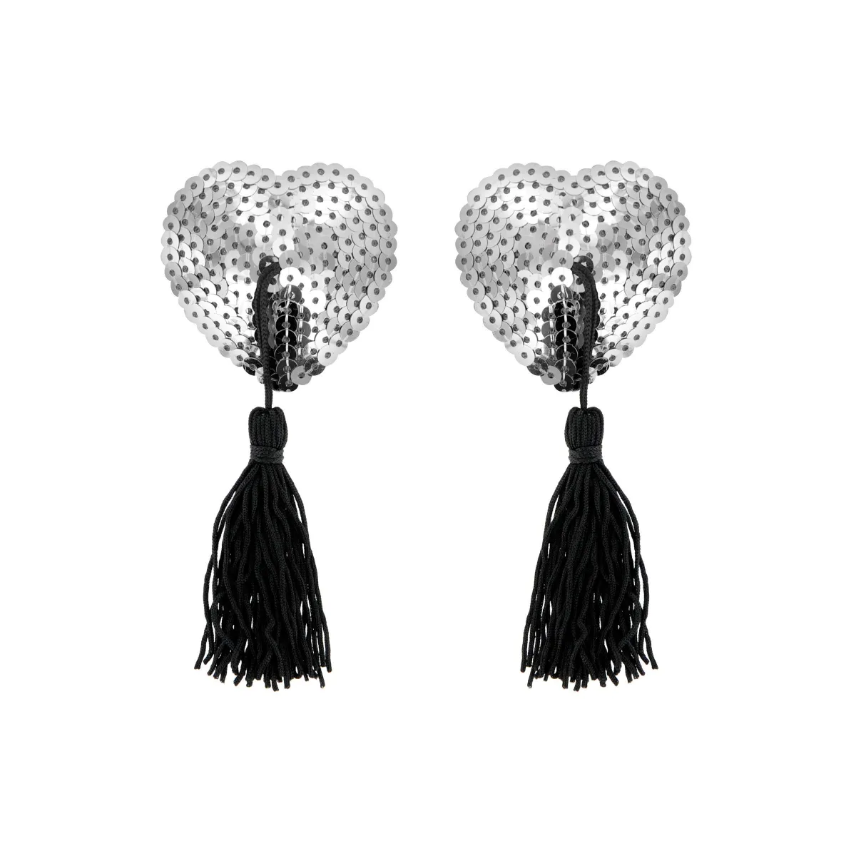 Heart nipple covers in silver sequins and pompoms