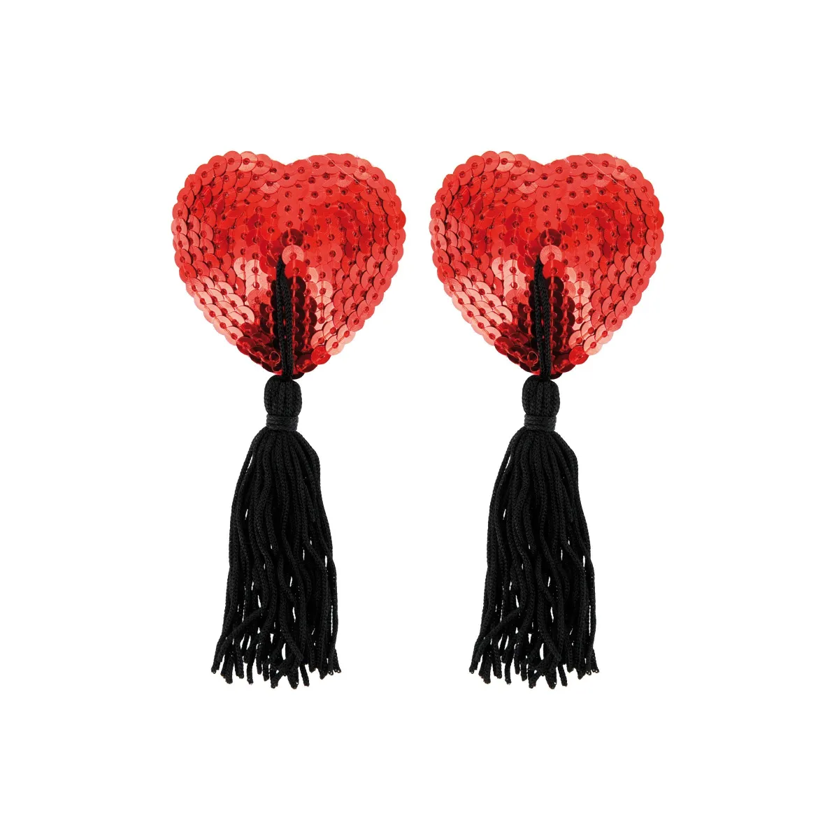 Heart nipple covers in red sequins and pompoms